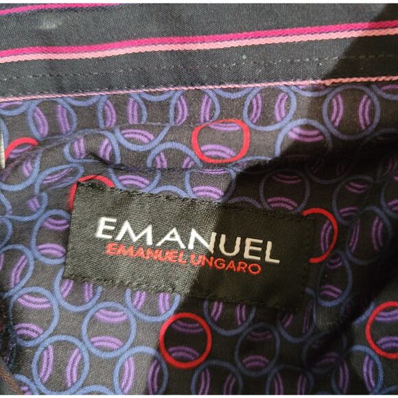 Emanuel Ungaro Black Pink Purple Striped Button Up Men's Shirt Large 100% Cotton - Picture 3 of 5